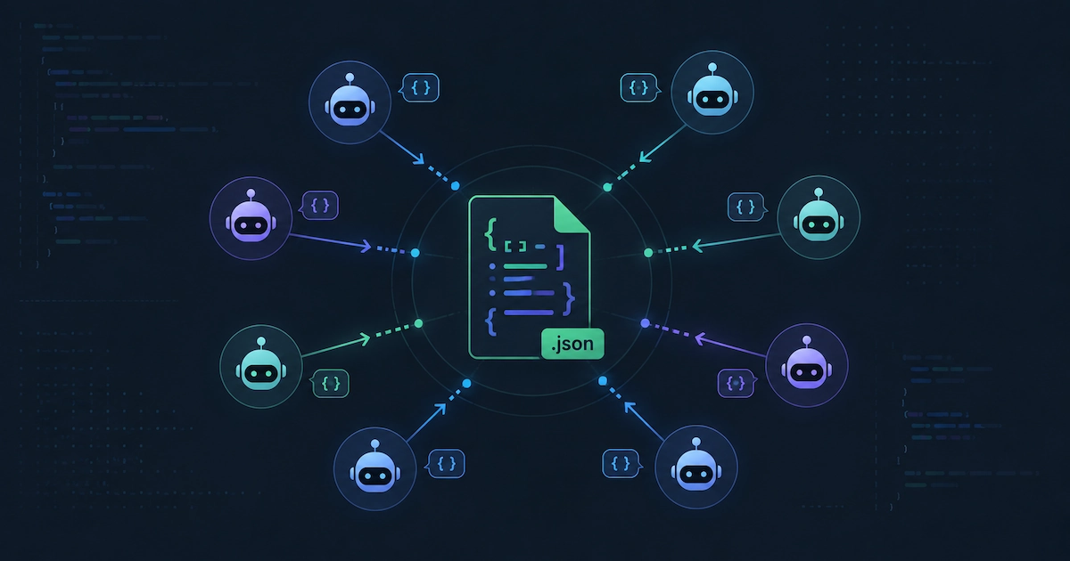A central JSON file connected by lines to a ring of AI agent icons querying it, representing a registry of discoverable AI capabilities.