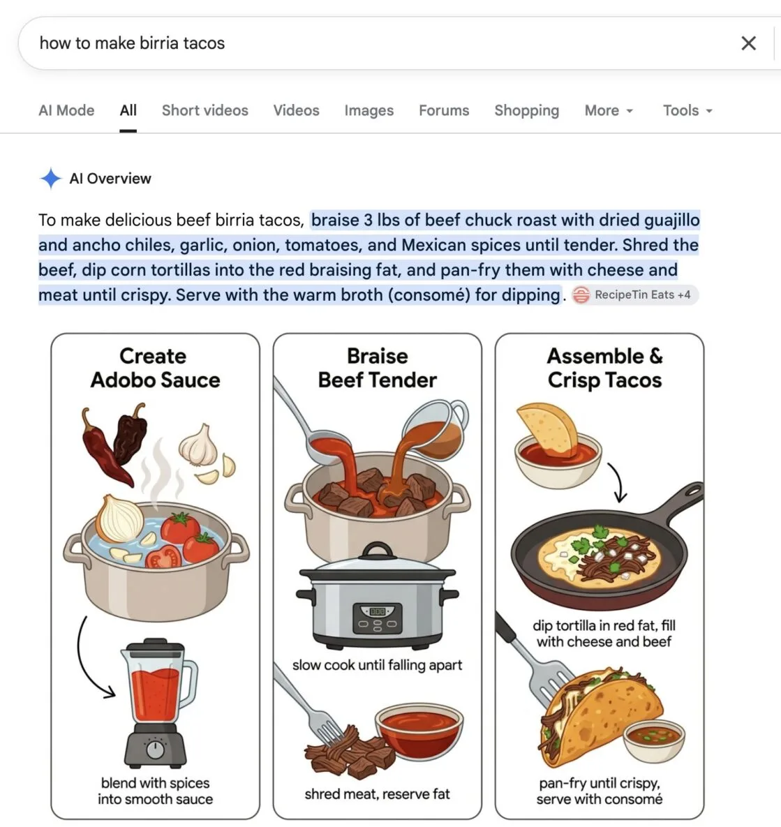 A Google AI Overview for 'how to make birria tacos', with three generated illustrated cards headed 'Create Adobo Sauce', 'Braise Beef Tender' and 'Assemble and Crisp Tacos', above a citation chip reading 'RecipeTin Eats +4'.