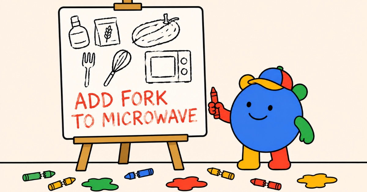 A cartoon easel holding a white board covered in crude black crayon drawings of a bottle, a packet, a squash, a fork, a whisk and a microwave, with 'ADD FORK TO MICROWAVE' hand-lettered underneath in red crayon. A round mascot in Google's blue, red, yellow and green stands beside it holding a crayon, surrounded by snapped crayons and puddles of spilled paint.