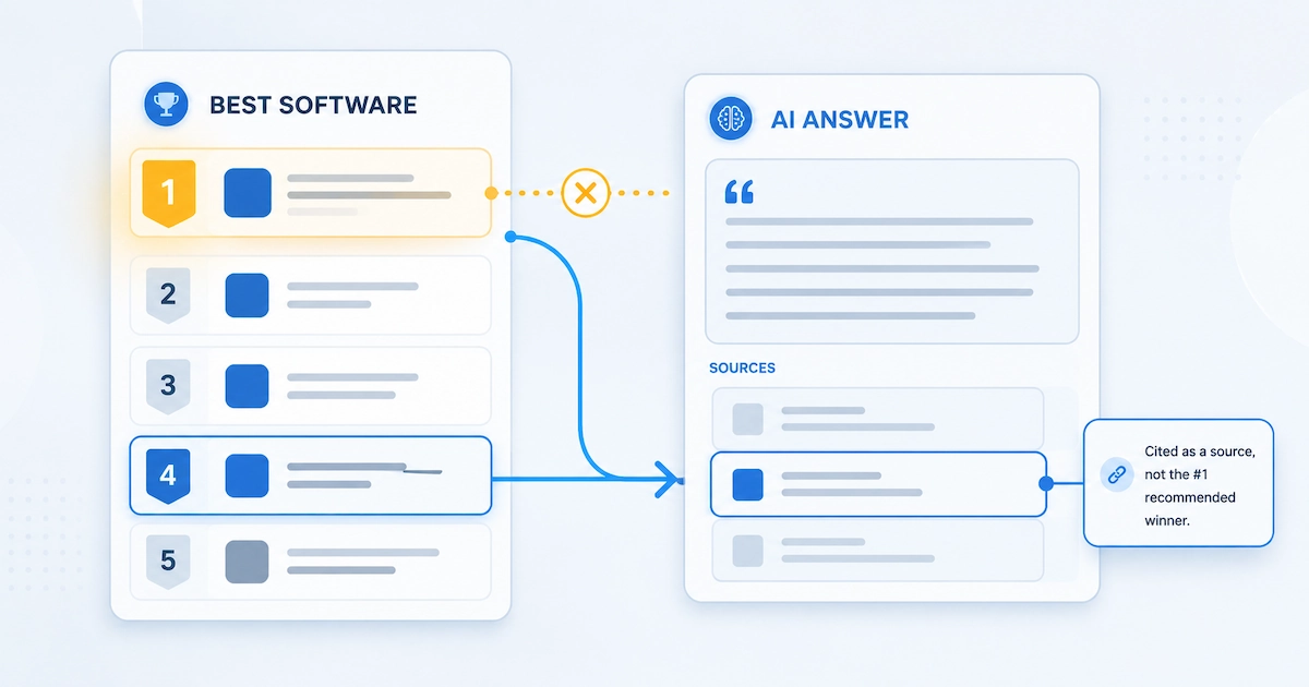 A 'best software' ranked list whose top entry is cited by an AI answer panel as a source but bypassed, with a different lower-ranked entry recommended as the winner instead.