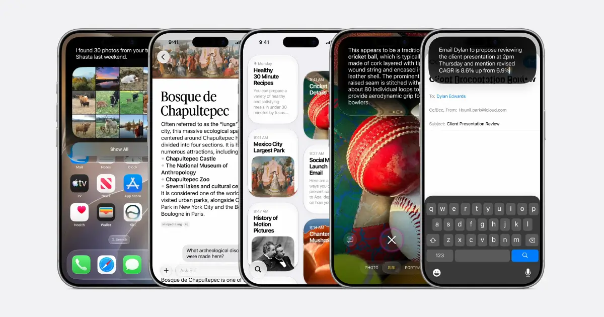 Five iPhones side by side, each showing a different Siri AI capability including web answers, visual search, and email drafting