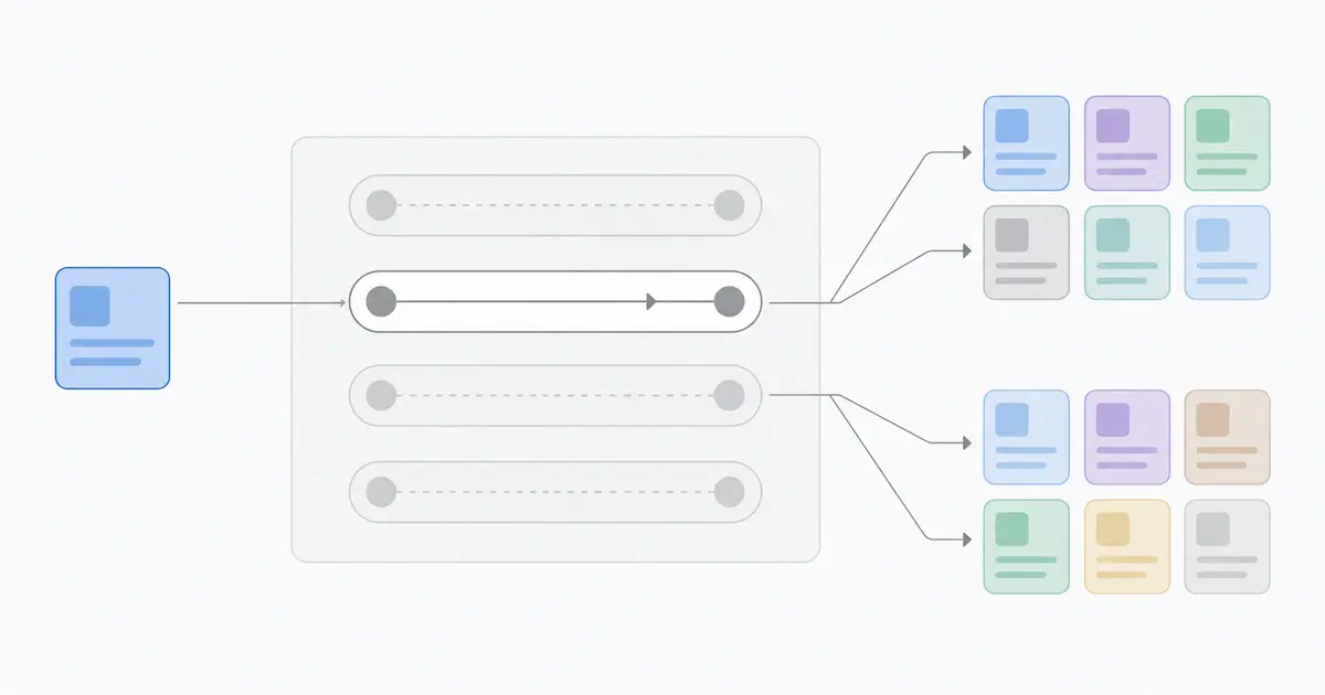 Diagram of a single query card feeding a panel of four stacked retrieval channels, only one of them active, with lines leading out to two different sets of cited source cards.