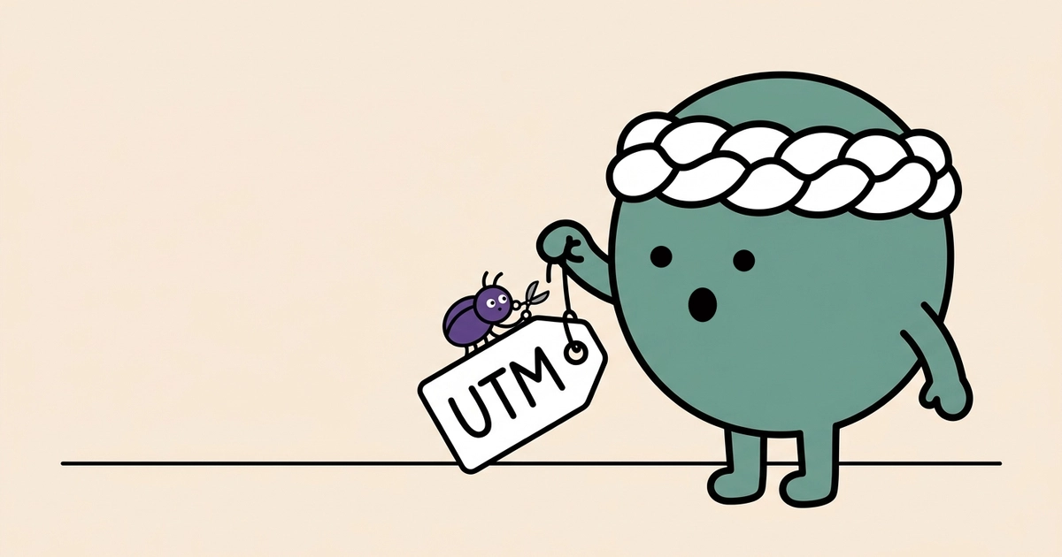 Cartoon of a round sage-green character in a white plaited headband holding up a luggage tag lettered UTM, looking on in surprise as a small purple beetle snips the tag's string with scissors.