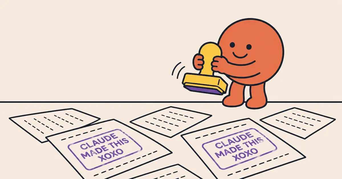 Cartoon illustration of a round orange character holding a yellow rubber stamp with a purple ink pad, standing over scattered sheets of paper. Two of the sheets are stamped in purple with the words 'Claude made this XOXO'.