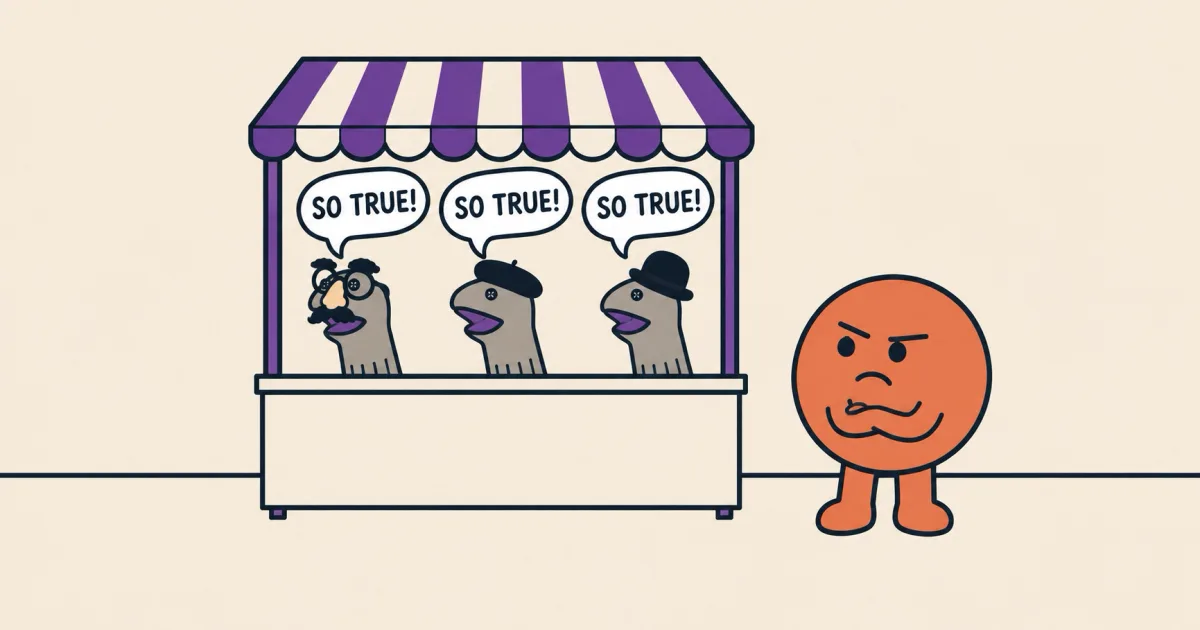 A puppet booth with a purple and white striped canopy, where three identical grey sock puppets, one in novelty glasses with a fake nose and moustache, one in a beret and one in a bowler hat, each shout SO TRUE! in matching speech bubbles. Beside the booth, a round terracotta-orange character stands with its arms folded, frowning at them with narrowed eyes.