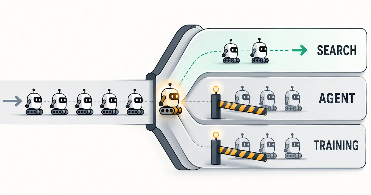 Web crawlers sorted into three lanes labelled Search, Agent and Training; the Search lane is open and lit while the Agent and Training lanes are closed by barriers, with one crawler caught and highlighted at the junction.