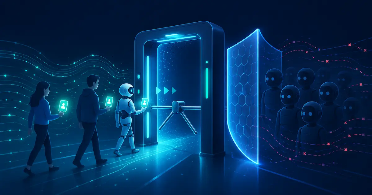 Human visitors and an authorised agent presenting glowing anonymous tokens to pass through a verified gateway, while a shield blocks a crowd of unverified bots.