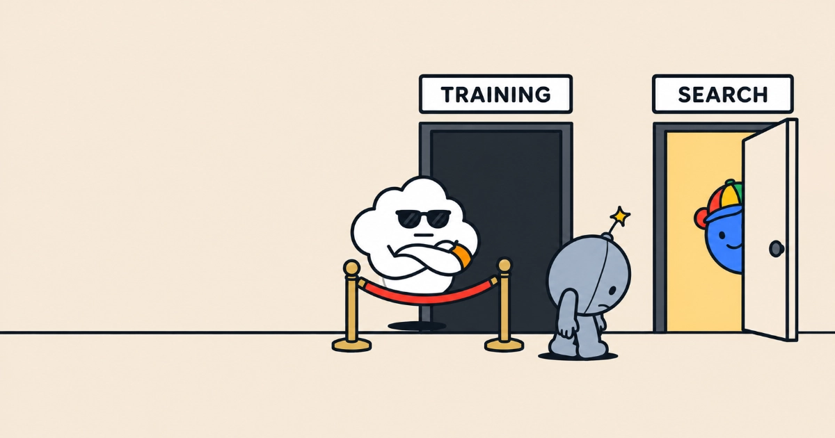A cloud wearing sunglasses stands arms-crossed behind a velvet rope blocking a door marked Training, next to a dejected robot with an antenna sparkle turning away, while a blue character wearing a colourful cap peeks out cheerfully from an open door marked Search.
