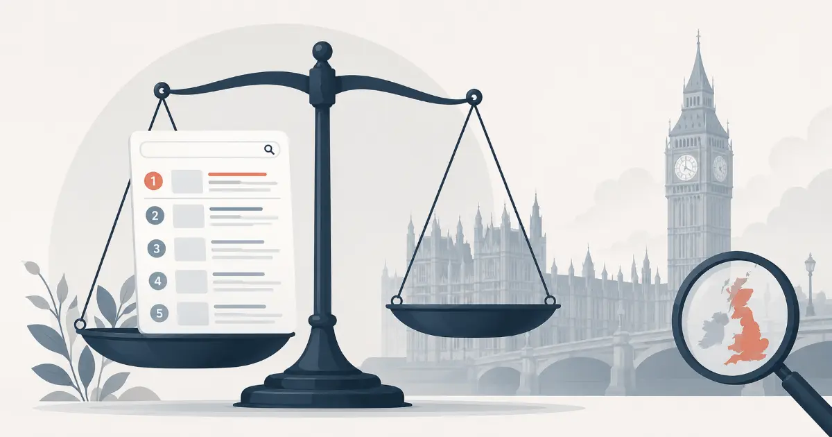 Ranked search results being weighed on a balance scale, representing regulatory scrutiny of search ranking