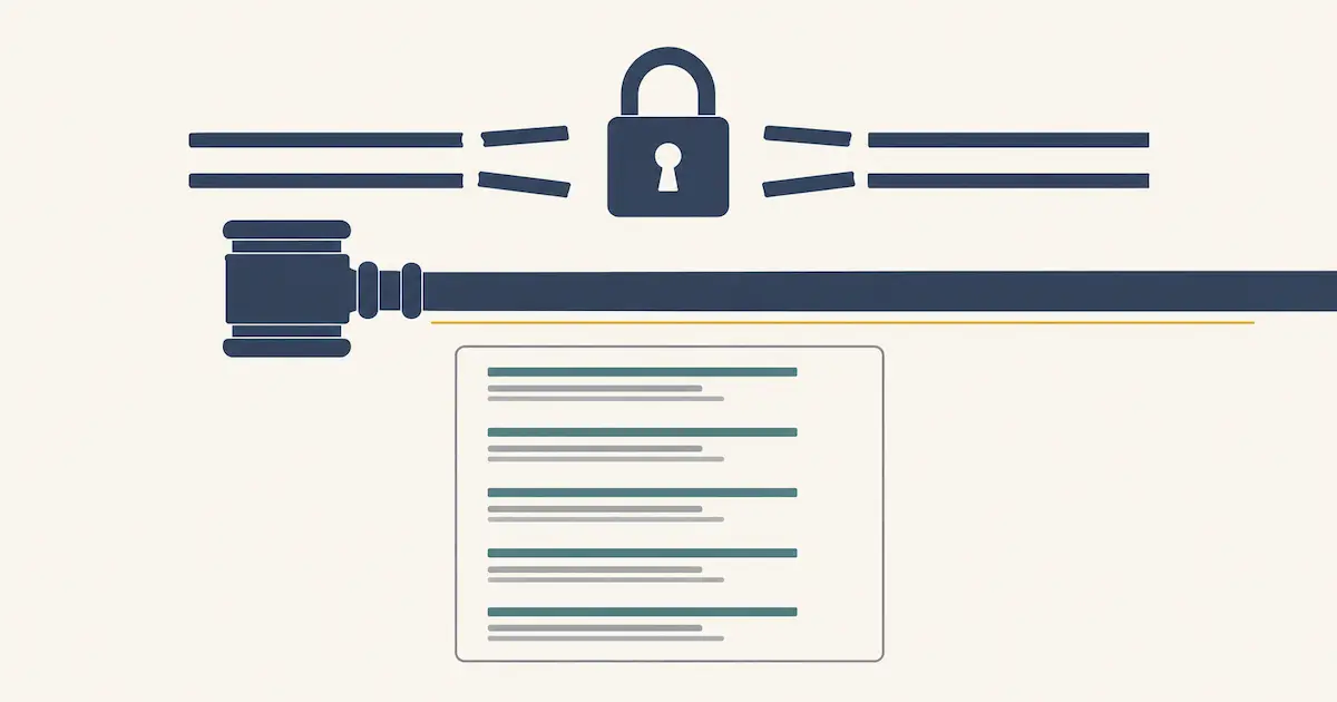 A gavel spanning the full width of the image divides a broken padlock barrier above from an intact search results page below.
