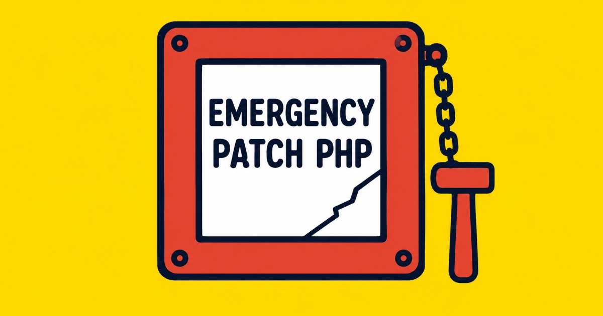 A red emergency break-glass alarm box on a yellow background, its white glass panel lettered EMERGENCY, PATCH PHP, with a small hammer hanging beside it on a chain.