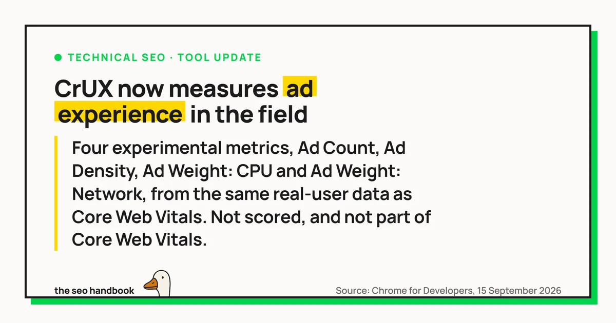 House-style card reading CrUX now measures ad experience in the field, with a pull-quote naming the four experimental metrics and noting they are not scored and not part of Core Web Vitals.