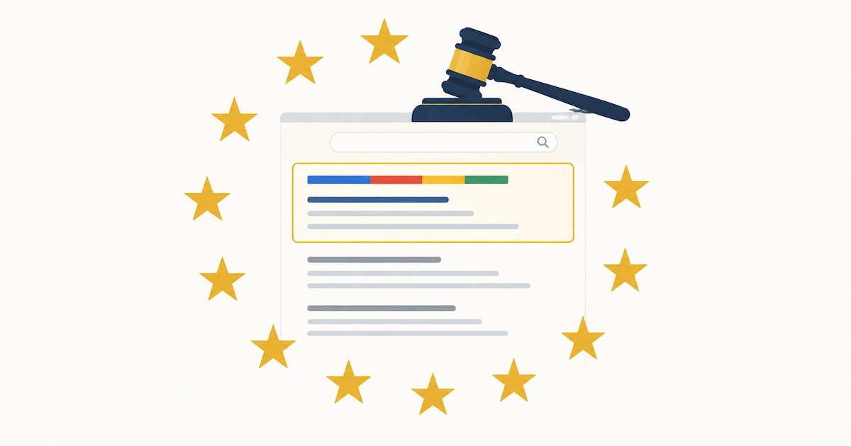 A circle of EU stars overlaying a stylised search results page, with the top result module outlined in gold and a gavel resting across the top edge.