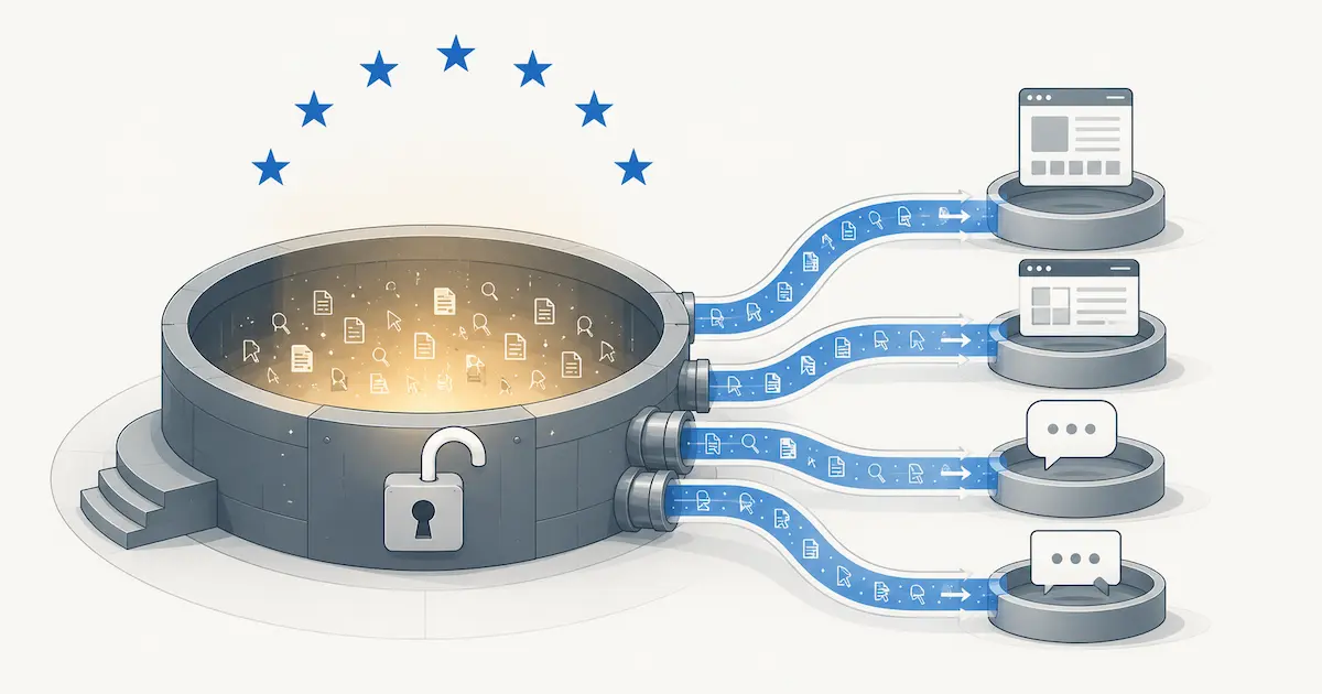 A locked reservoir of Google Search data being opened, with pipes carrying query, document and cursor glyphs out to rival search engines and AI chatbots, beneath an arc of EU stars.