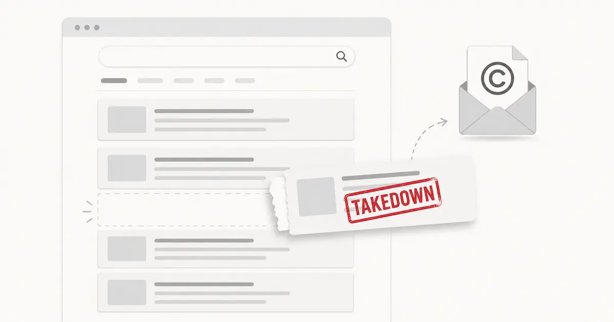 A stack of grey search result cards with one being torn out and stamped 'TAKEDOWN' in red, leaving a gap, beside a document icon bearing a copyright symbol.