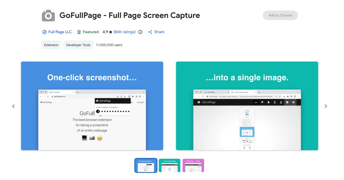 The GoFullPage Chrome Web Store listing showing the Featured badge, a 4.9 rating from 84,000 ratings, and 11,000,000 users.