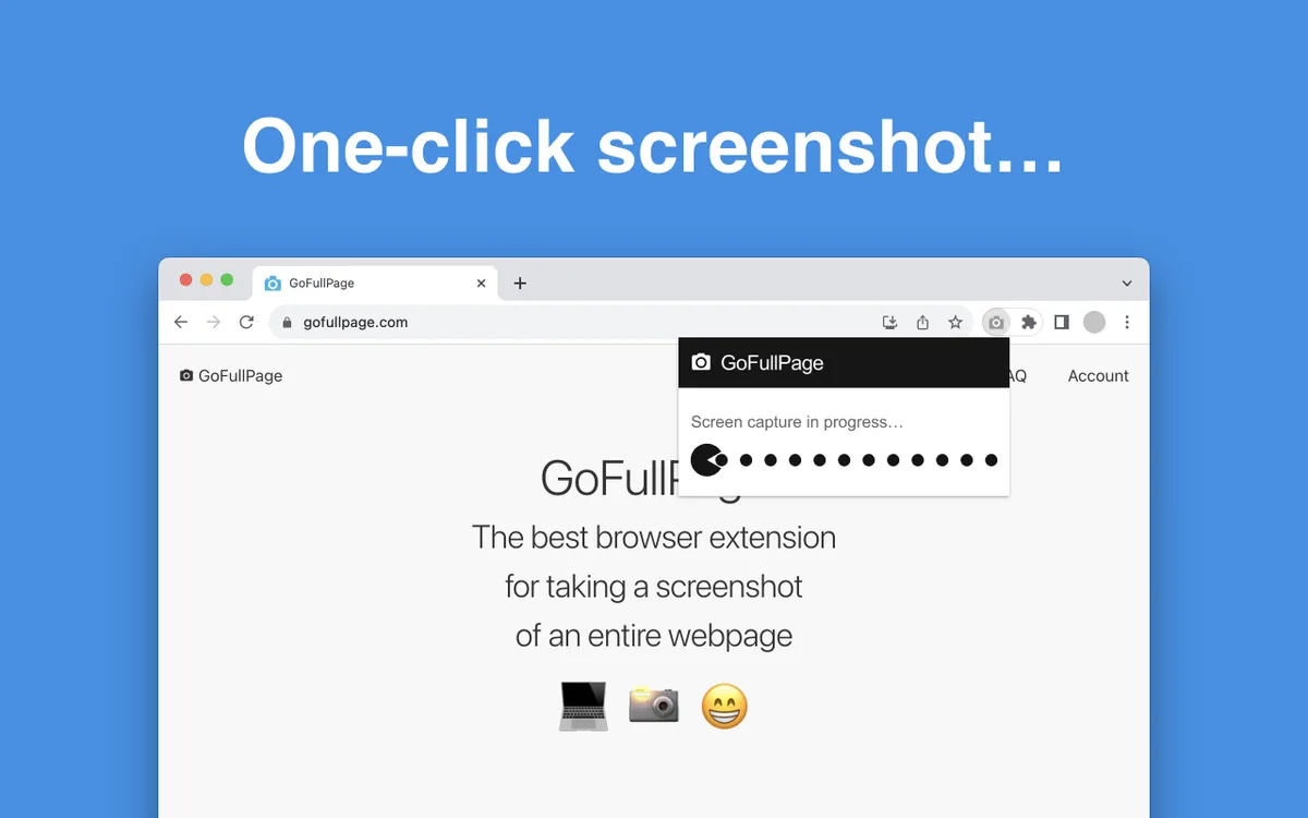 The GoFullPage popup showing a capture in progress, with a chomping wedge character travelling along a row of black dots as the progress bar.