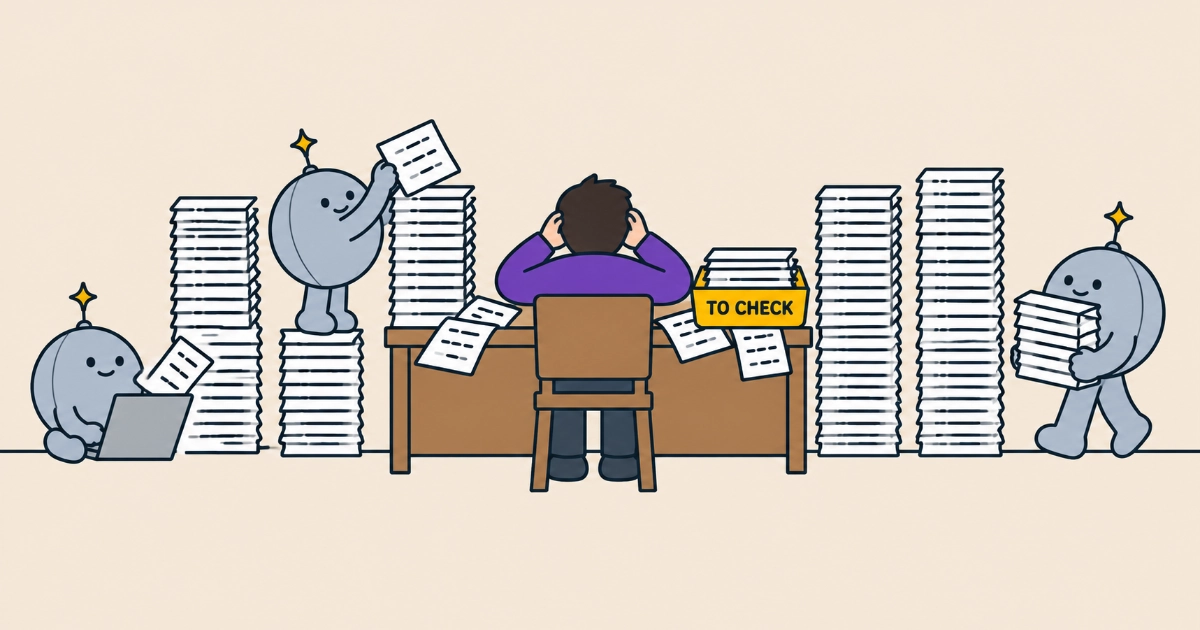 Seen from behind, a person in a purple jumper sits at an overflowing desk with their head in their hands. Three cheerful grey robots add to tall towers of paper either side, one typing on a laptop, one dropping a page on a pile, one carrying a stack towards a yellow in-tray labelled TO CHECK.