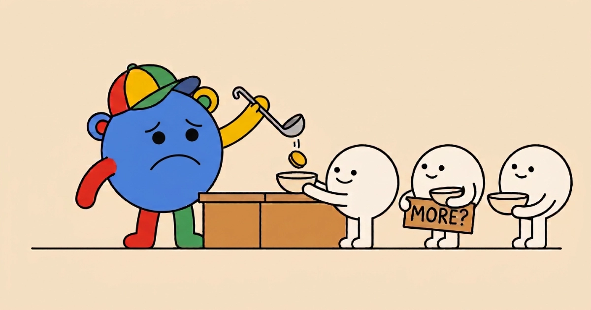 The Google character, wearing its brand-coloured cap, stands behind a counter with an unimpressed expression, reluctantly ladling a single gold coin toward a plain white character holding out a bowl. Two more plain white characters queue behind, one holding a sign reading MORE?