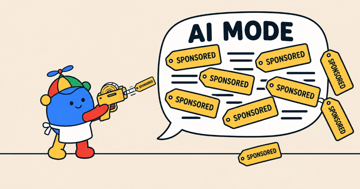 A round cartoon character in Google's colours, wearing a propeller cap and a white shopkeeper's apron, fires yellow price tags from a tag gun at a large speech bubble headed AI MODE. Six tags reading SPONSORED crowd the bubble and cover most of its rows of text, two hang off its edge and one lies on the floor.