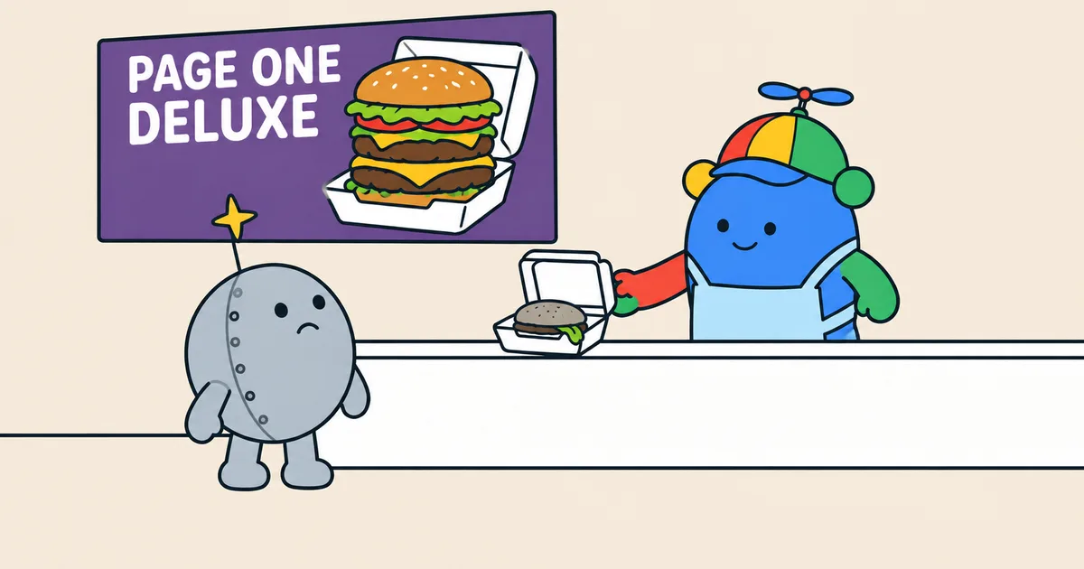 A round cartoon character in Google's colours, wearing a four-colour propeller cap and an apron, holds out a small grey burger in a white box across a counter to a frowning silver robot. Behind them, a menu board reading PAGE ONE DELUXE shows a towering burger in the same box.