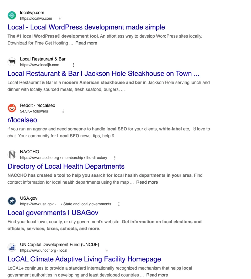 Google desktop results for the same search on 7 October 2026: localwp.com, a Jackson Hole steakhouse, the r/localseo subreddit, a directory of local health departments, USA.gov and a UN climate fund page.