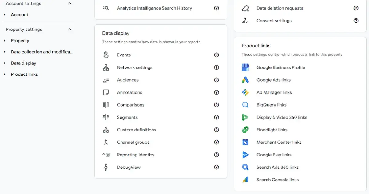 Google Analytics 4 admin panel showing Google Business Profile as an option under Product Links