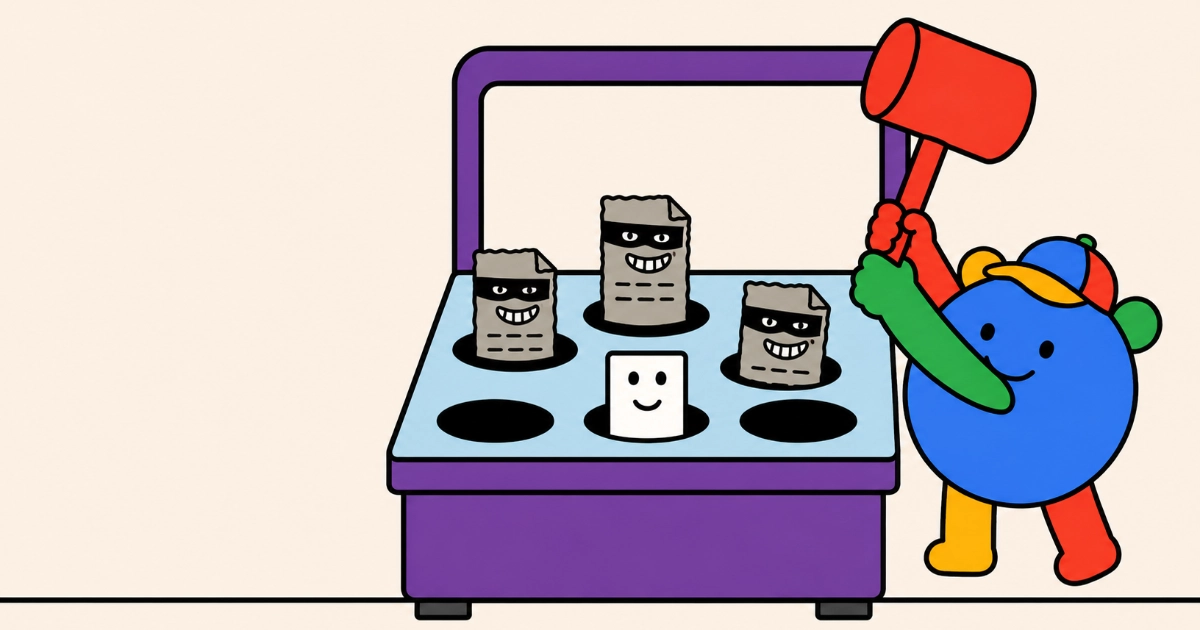 Flat cartoon illustration of a round character in Google's brand colours, wearing a cap and swinging a red mallet at an arcade whack-a-mole cabinet. The moles are scruffy grey web-page tiles wearing black bandit masks and grinning, while one clean white page sits untouched in a hole in front of them.