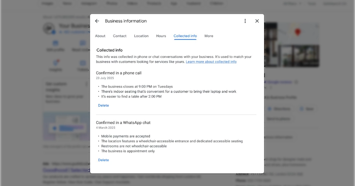 The Collected info tab in a Google Business Profile, listing details confirmed in a phone call and a WhatsApp chat, each with a delete option