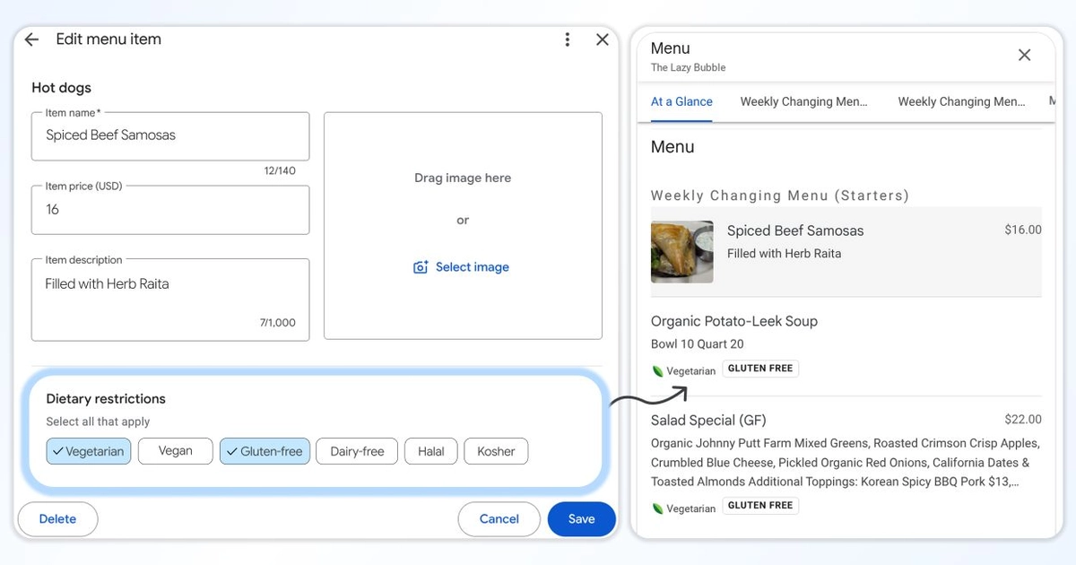 Google Business Profile's Edit menu item screen with Vegetarian and Gluten-free ticked under Dietary restrictions, beside the public menu showing a Gluten free badge on a dish.