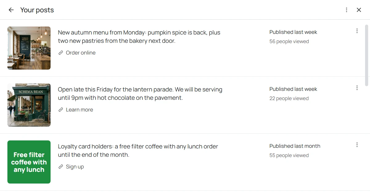 A mock-up of the Your posts panel in the Google Business Profile dashboard: three posts, each with a thumbnail on the left, a truncated post text with a call-to-action link (Order online, Learn more, Sign up), and on the right a Published last week or last month label with a people viewed count beneath it.