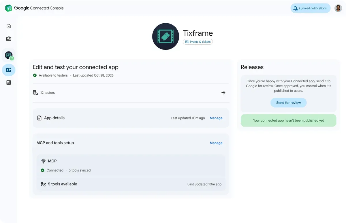 Google Connected Console showing a demo ticketing app called Tixframe, available to 12 testers, with its MCP server connected and 5 tools synced, and a Send for review button