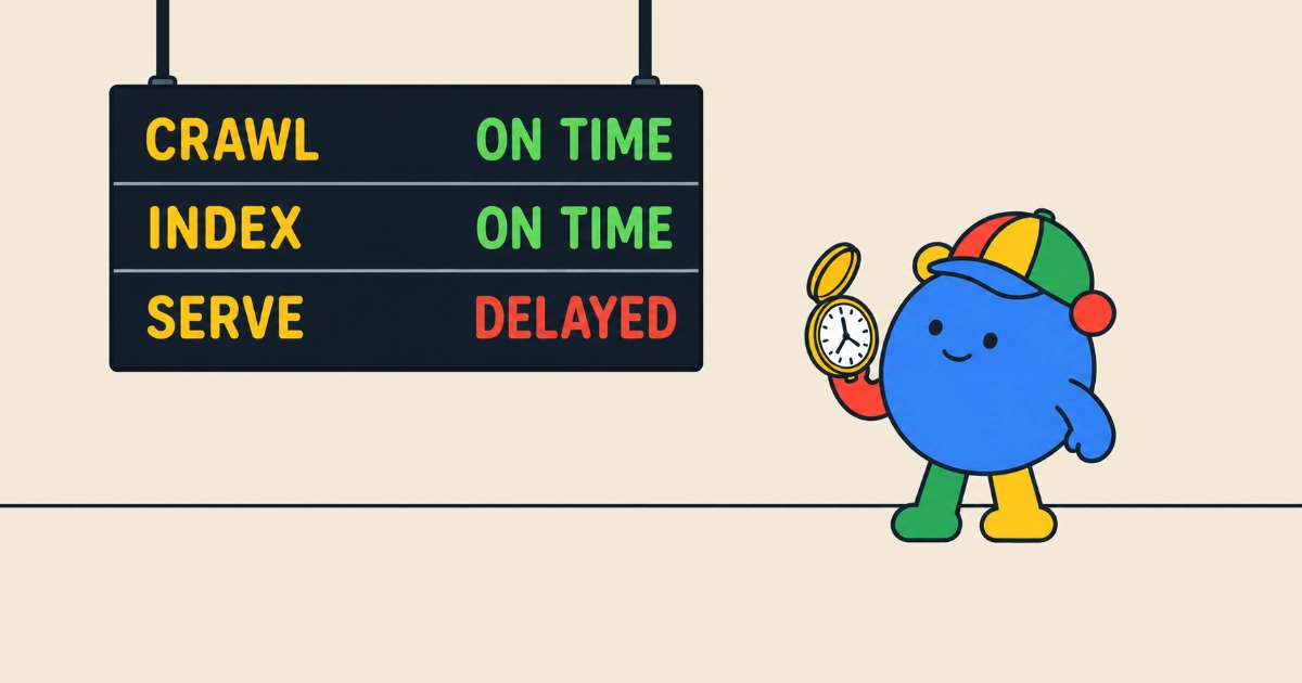 A round blue cartoon character with red, yellow and green ears, arms and legs and a four-colour baseball cap stands on a railway platform as a station guard, a whistle round its neck, holding up an open pocket watch. Beside it hangs a departures board reading CRAWL, ON TIME; INDEX, ON TIME; SERVE, DELAYED, with DELAYED in red.