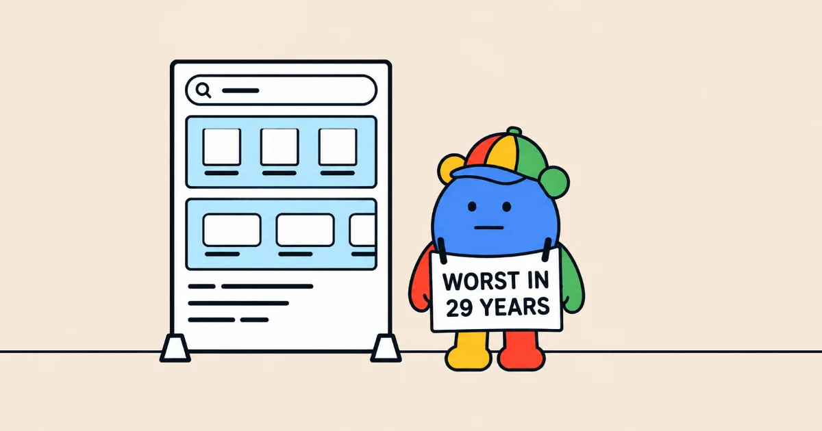 Cartoon illustration of a round character in Google's four brand colours, wearing a baseball cap and a sandwich-board placard lettered WORST IN 29 YEARS, its mouth a flat resigned line. It stands beside a free-standing board showing a search results page on which two pale blue panels, each holding a row of white cards, sit above three rows of plain unframed text.