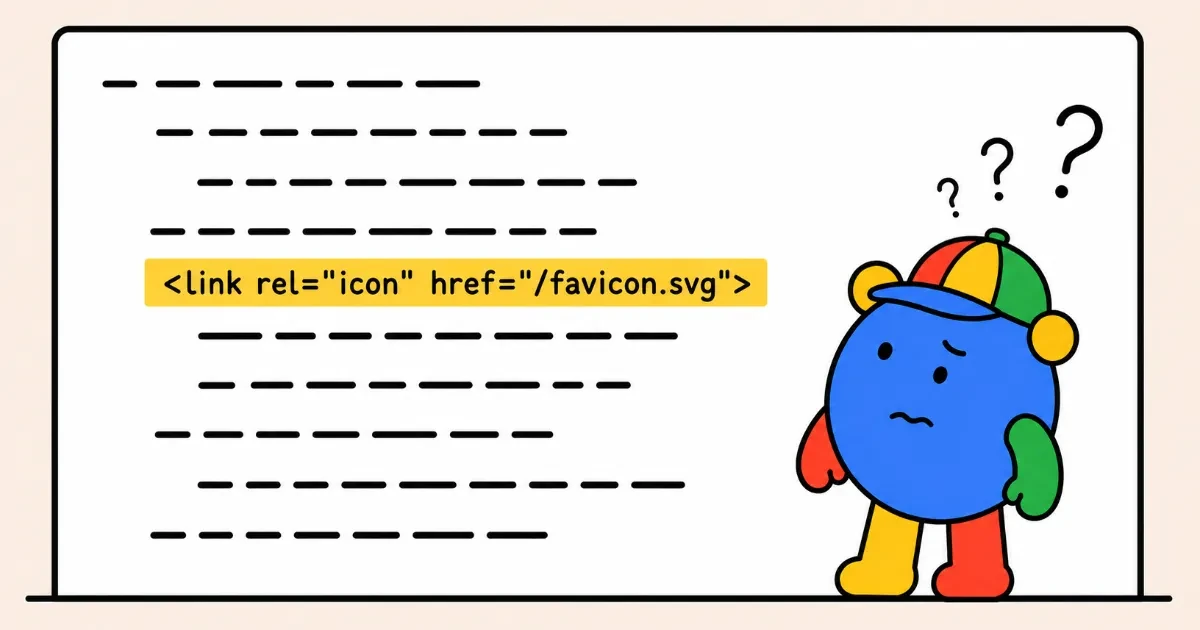 A cartoon code panel in which every line is drawn as rows of dashes except one, highlighted in yellow, reading link rel equals icon href equals slash favicon dot svg. A round character in Google's brand colours stands beside the panel looking puzzled, with three question marks above its head.