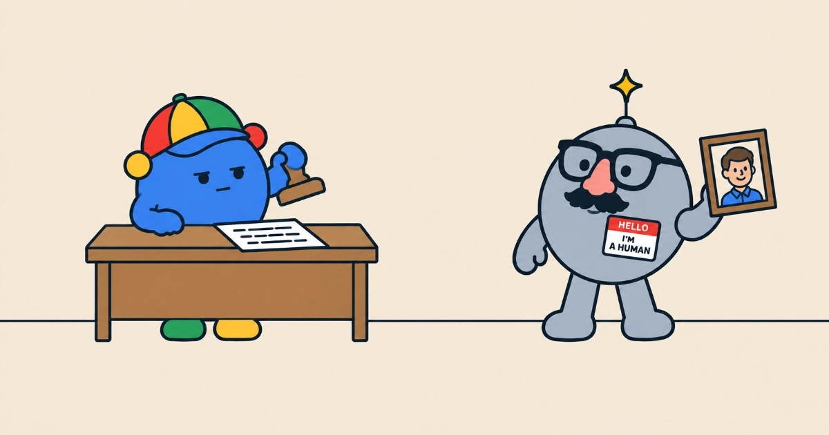 A round grey robot with a yellow star on its antenna wears novelty glasses with a fake nose and moustache and a name badge reading HELLO I'M A HUMAN, and holds up a framed headshot of a smiling man. Across from it, a round blue character in a four-colour cap stands behind a desk looking unimpressed, a rubber stamp raised over a sheet of paper.
