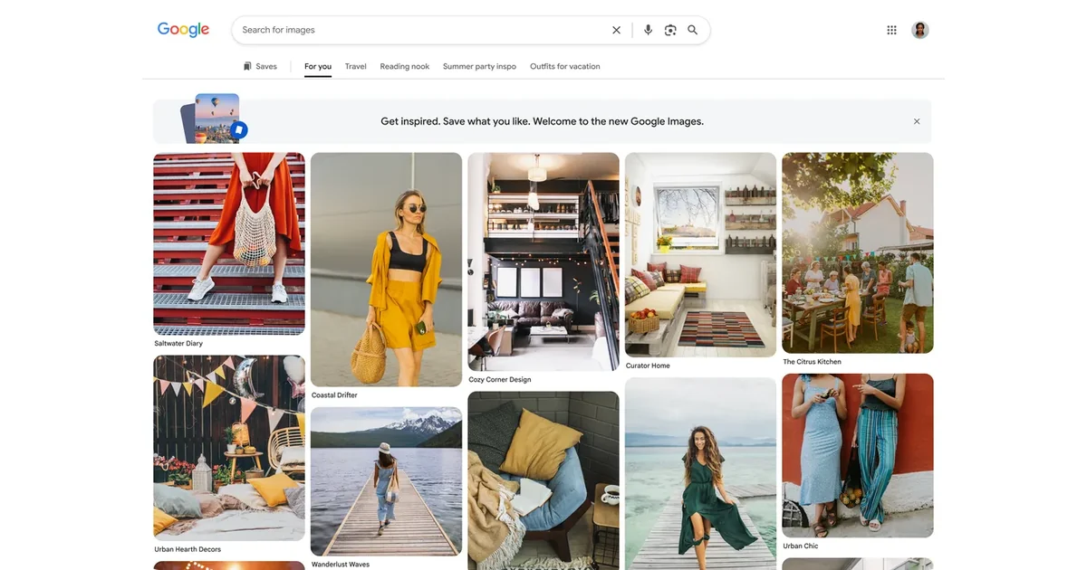The redesigned Google Images home page showing a personalised 'For you' gallery of images with saved-collection tabs and a 'Welcome to the new Google Images' banner.
