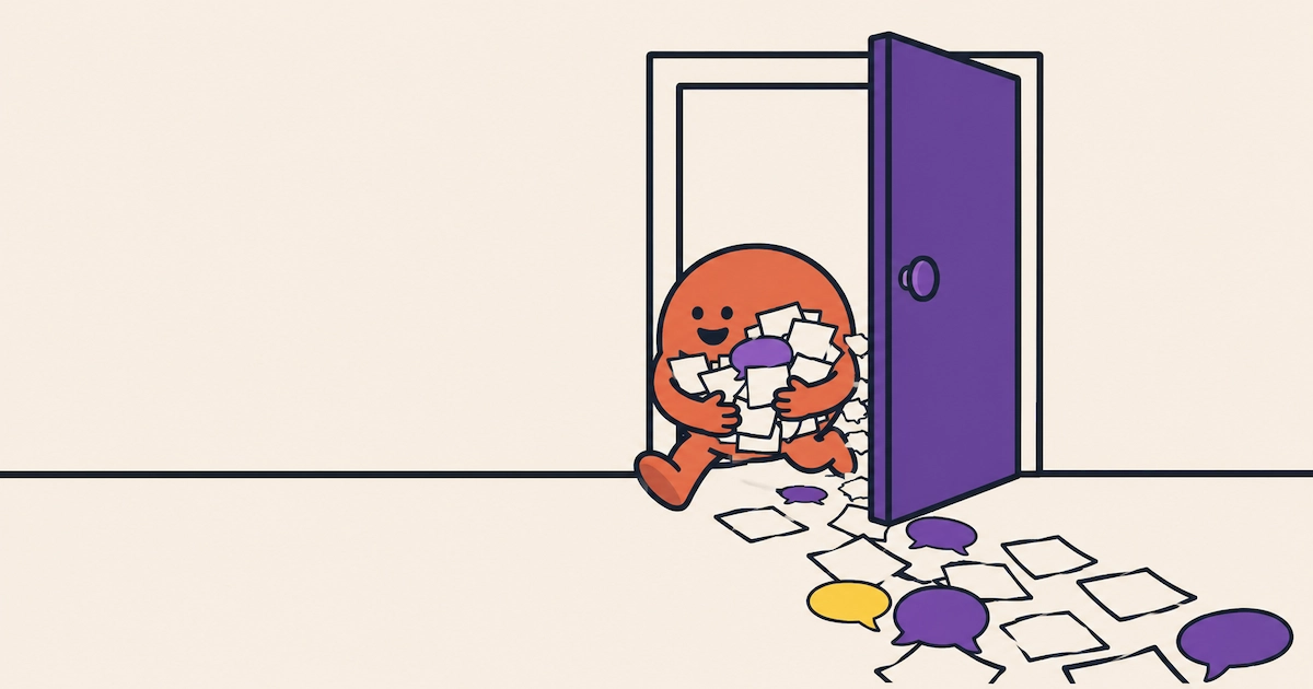 Cartoon illustration of a round orange character scampering out through a half-open purple door with an armful of papers, leaving a trail of documents and speech bubbles across the floor behind it.