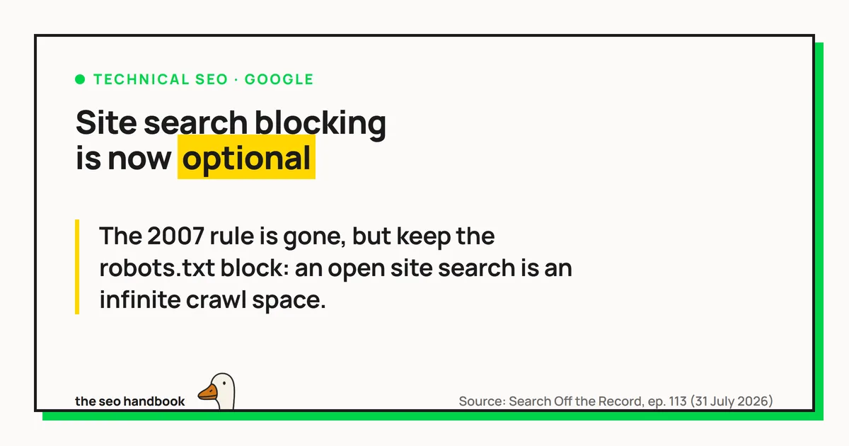 Card reading: Site search blocking is now optional. The 2007 rule is gone, but keep the robots.txt block: an open site search is an infinite crawl space.