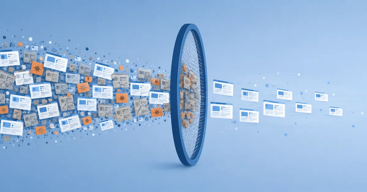 A mixed stream of clean and spam web-page tiles flowing into a circular filter mesh, with broken spam tiles caught at the mesh and clean pages passing through