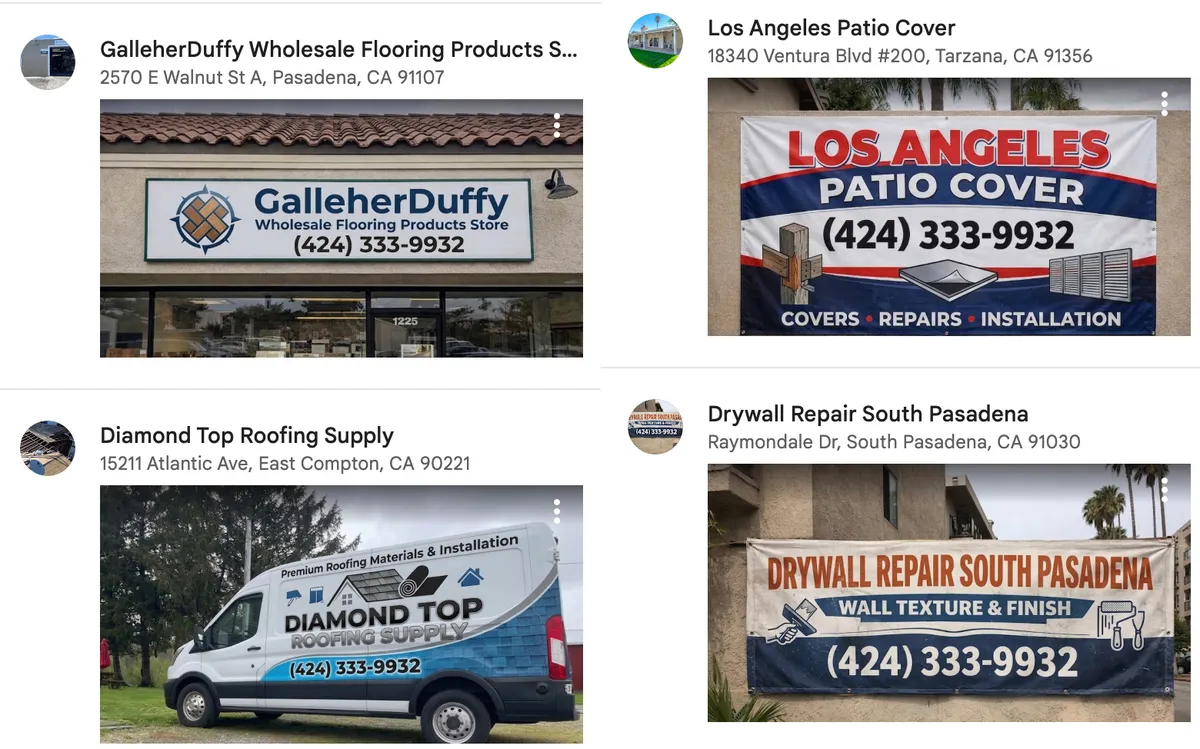 Four unrelated Google Business Profiles, a flooring store, a patio cover installer, a roofing supplier and a drywall repair business, each showing a photo of a sign, banner or van carrying the identical phone number (424) 333-9932.
