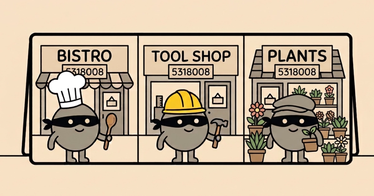 A three-panel illustrated shopfront standee, each panel a different small shop, BISTRO, TOOL SHOP and PLANTS, with the same phone number, 5318008, on a small sign under each fascia. An identical round grey character wearing a black bandit eye-mask stands outside each shop in a different disguise: a chef's hat with a spoon, a hard hat with a hammer, a flat cap holding a potted plant.