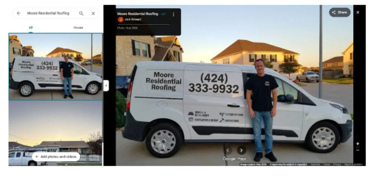 A Google Maps photo search for Moore Residential Roofing, showing the AI-generated van photo enlarged, credited to contributor Jack Edward, carrying the business name and the fake phone number (424) 333-9932.