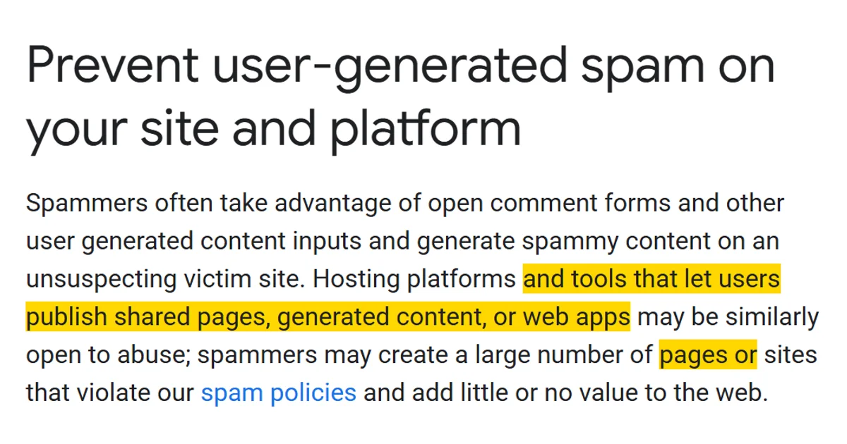 The title and opening paragraph of Google's guide, Prevent user-generated spam on your site and platform. The words 'and tools that let users publish shared pages, generated content, or web apps' after 'Hosting platforms', and the words 'pages or' before 'sites', are highlighted in yellow.