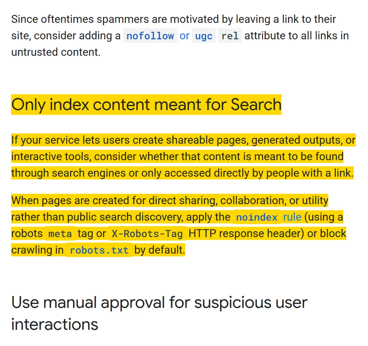 Part of Google's guide to preventing user-generated spam. Between an existing paragraph on nofollow and ugc links and the existing Use manual approval heading, the new Only index content meant for Search section is highlighted in yellow: services should consider whether shareable pages, generated outputs or interactive tools are meant to be found through search, and pages made for direct sharing should get a noindex rule or a robots.txt block by default.
