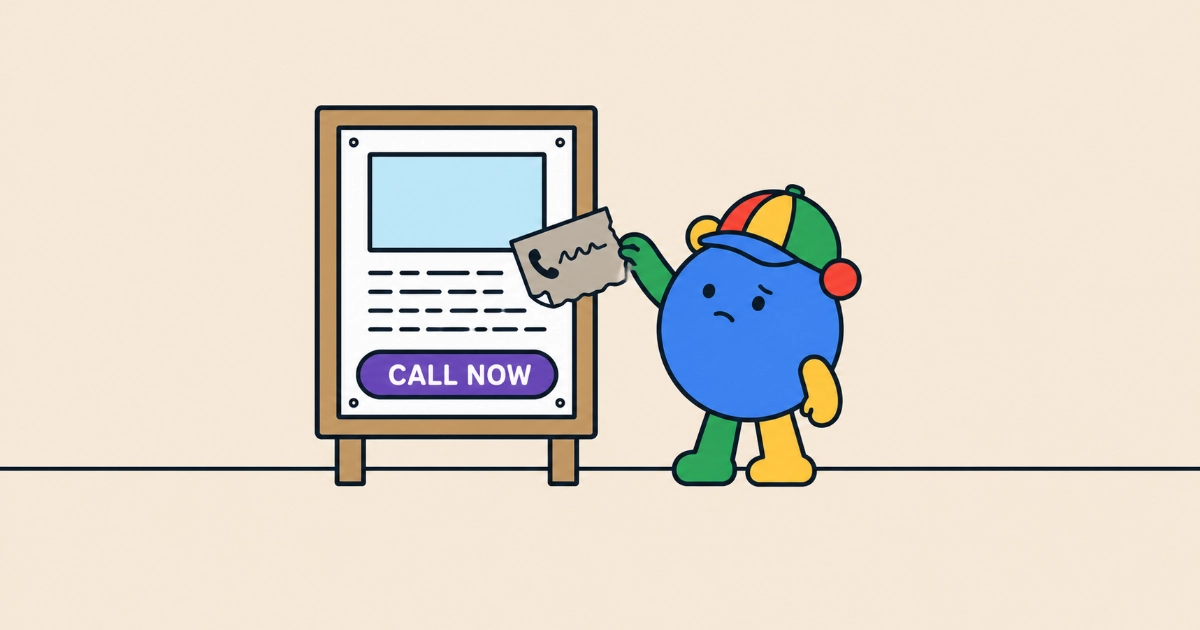 A cartoon character in a four-colour cap holding a scruffy grey sticky note with a phone icon and a scribble, just peeled off a post pinned to a noticeboard. The post keeps its purple Call now button.
