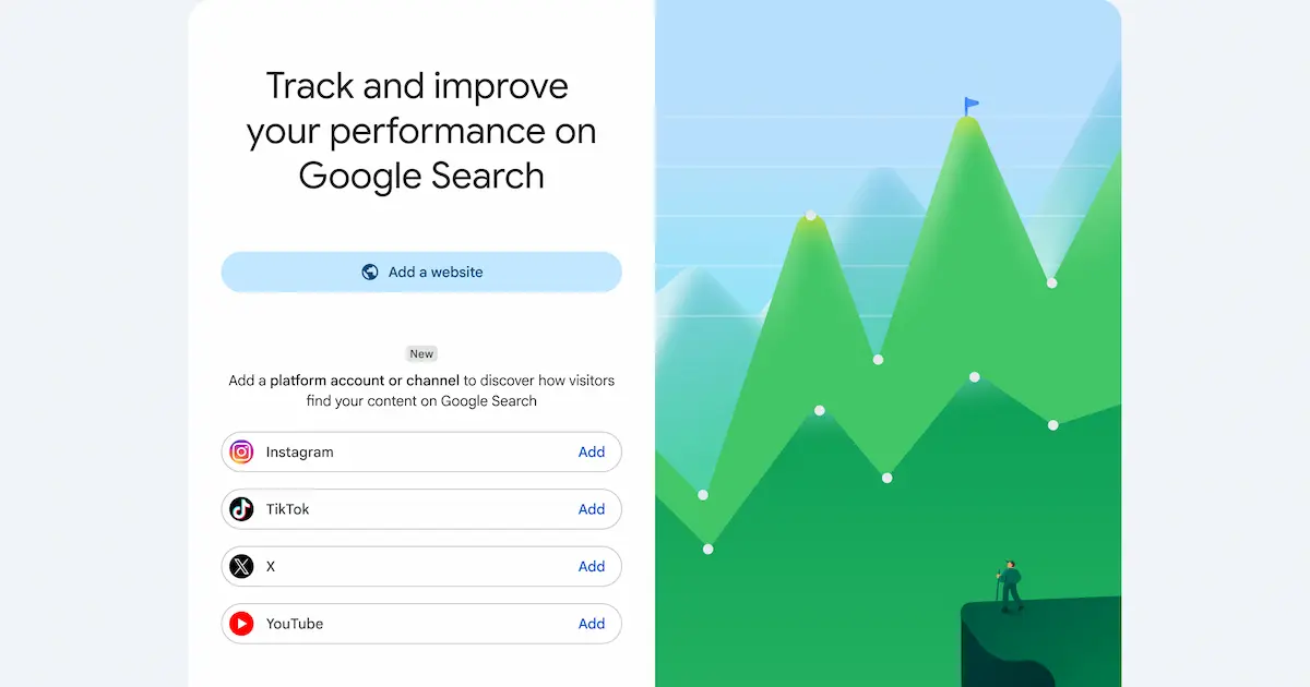 Search Console onboarding screen showing an 'Add a platform account or channel' option with Instagram, TikTok, X and YouTube listed, each with an Add button, beside a stylised mountain-climb performance graphic.