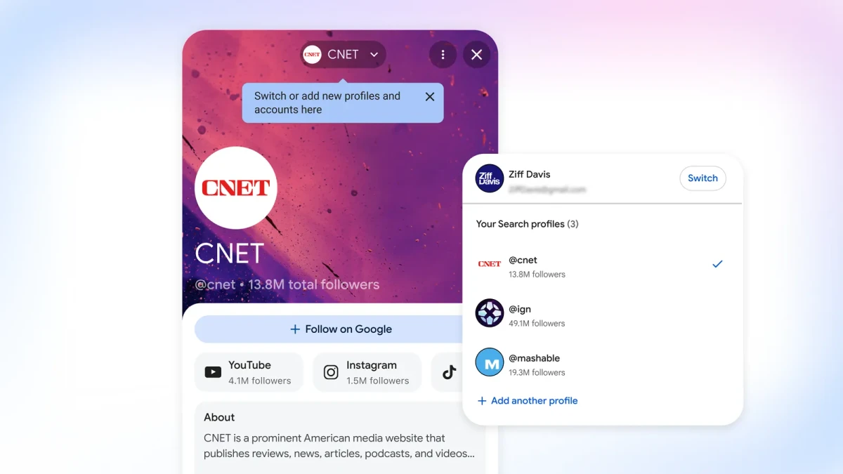 A Search profile switcher panel open over CNET's profile, listing three profiles under one Ziff Davis account: CNET, IGN and Mashable, each with a follower count and a Switch button.