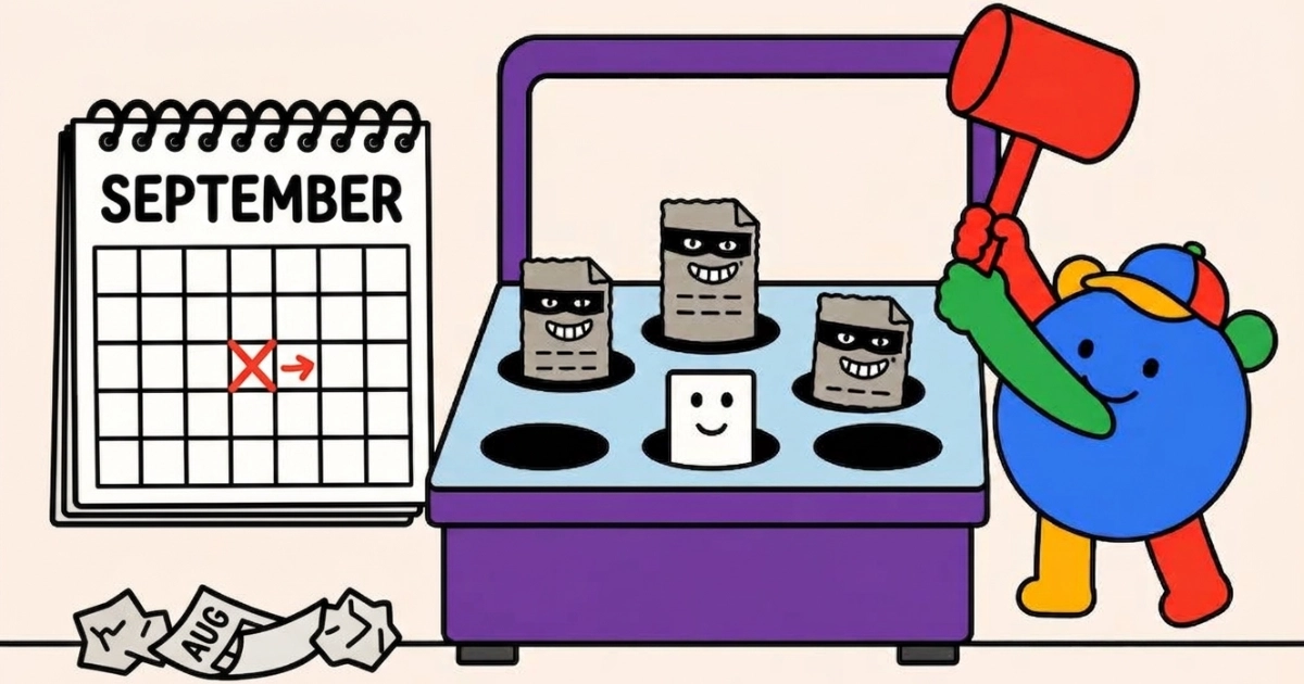 Flat cartoon illustration of a round character in Google's brand colours, wearing a cap and swinging a red mallet at a purple whack-a-mole cabinet. Three scruffy grey web-page tiles in black bandit masks pop up from the holes beside one clean white page with a smile. On the left, a wall calendar reads September with a red cross on one day, and crumpled August pages lie on the floor below it.