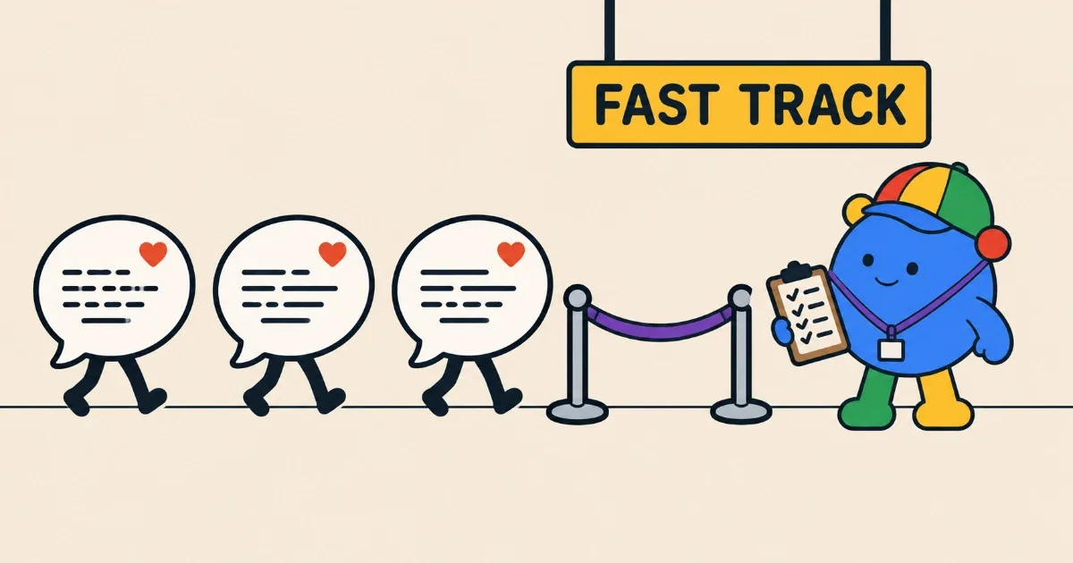 Three white speech bubbles with little legs, each holding rows of dashes and a red heart, walk in single file towards a purple rope barrier under a yellow sign reading FAST TRACK. At the entrance, a round blue character with multicoloured ears, legs and baseball cap wears a lanyard and checks them in against a ticked clipboard.